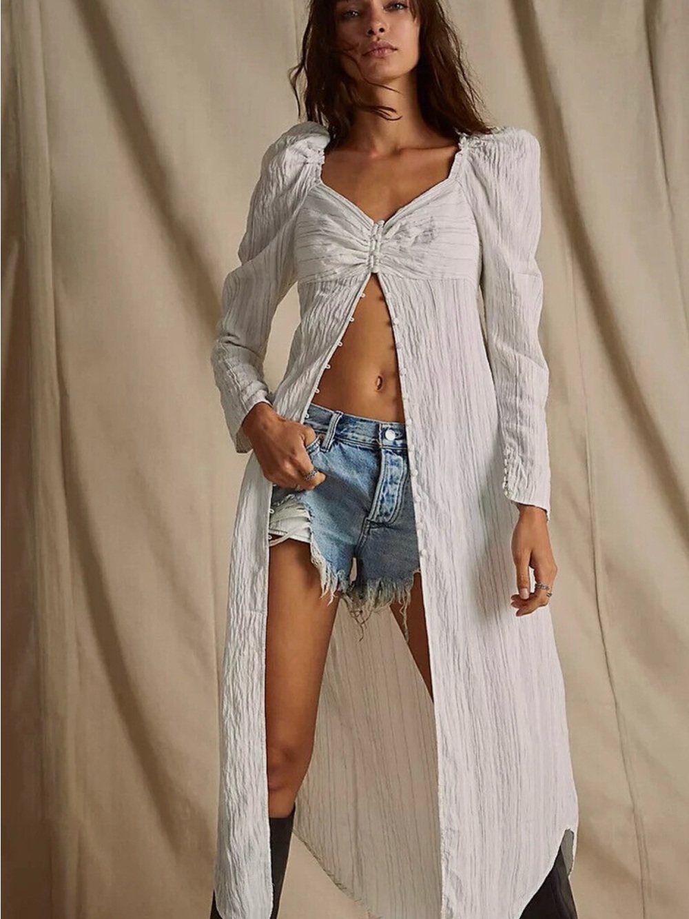 NWT Free People Luna White Pinstripe Button-Front Maxi Top with Puff Shoulders - Picture 1 of 14